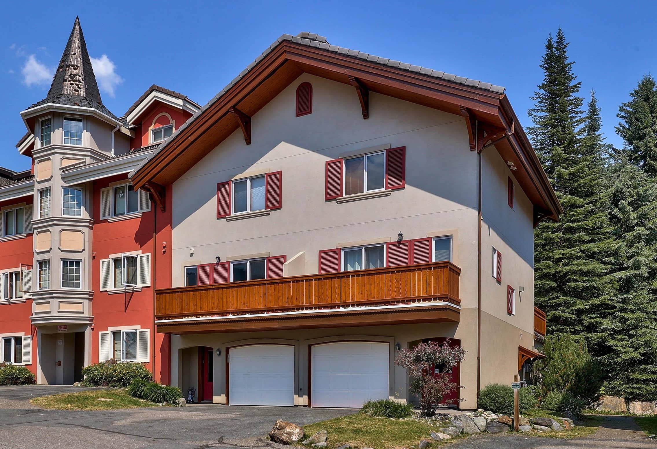 Timberline 24 vacation rental townhome at Sun Peaks Resort, BC — exterior and mountain setting